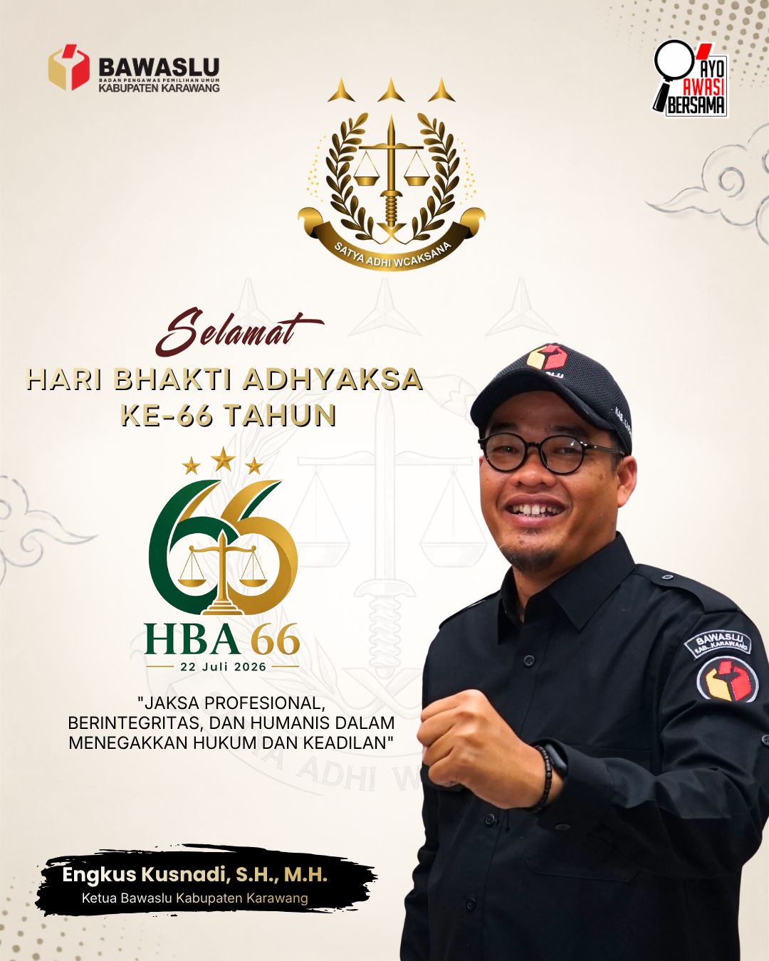 Ketua Bawaslu Kabupaten Karawang Engkus Kusnadi saat menyampaikan Hari Adhyaksa ke 66 Tahun di Kantor Bawaslu Kabupaten Karawang, Rabu (22/07/2026).